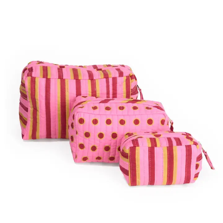 Frenchie 3 Piece Cosmetic Bag Set Camel + Pink
