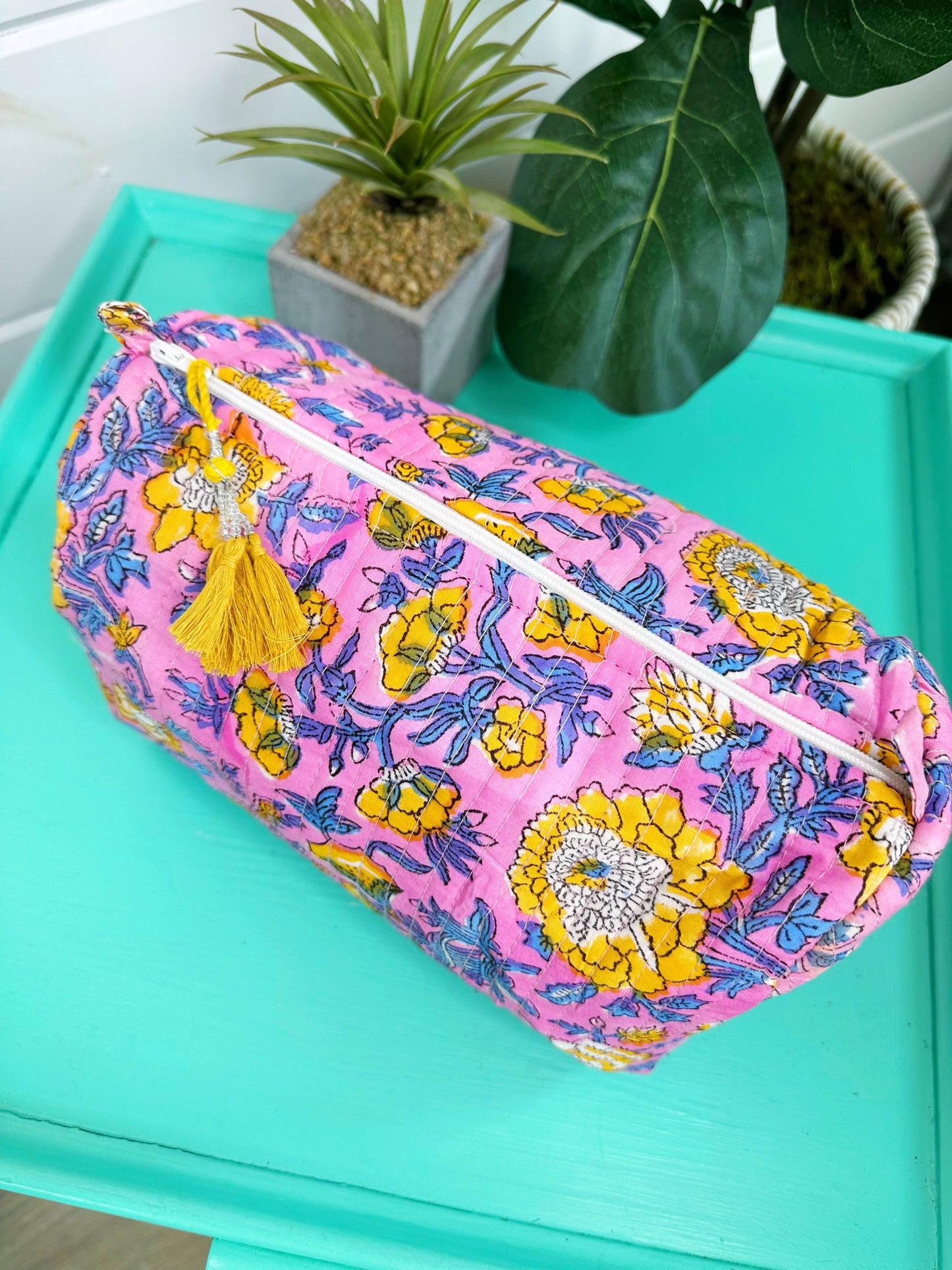 Quilted Pink & Yellow Makeup Bag