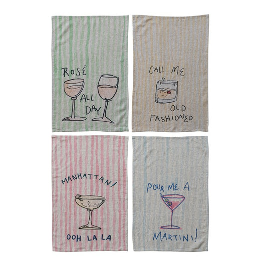 Linen Cocktail Print Tea Towel