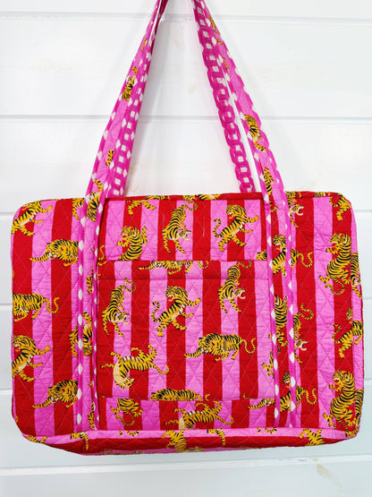 Handmade Quilted Weekender Duffle Bag - Pink Red Tiger Print
