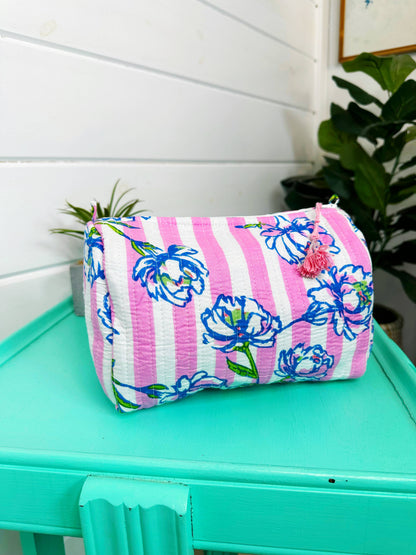 Peony Pink Stripe- Makeup Bag