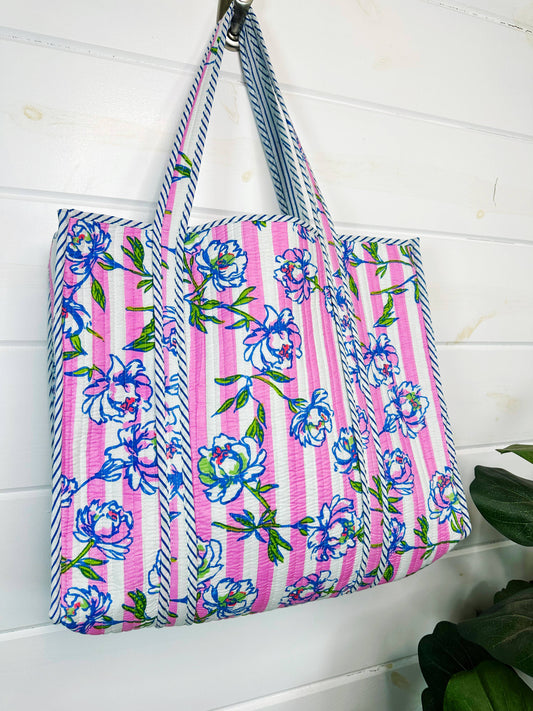 Peony Pink Stripe Tote