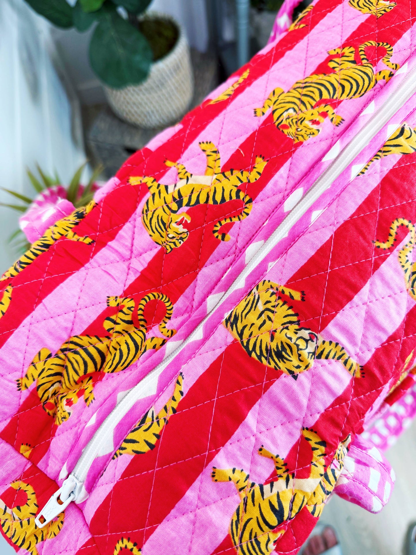 Handmade Quilted Weekender Duffle Bag - Pink Red Tiger Print