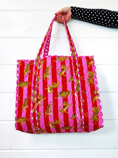 Tote Bags Quilted | Large Travel Tote | Pink Red Tiger Print