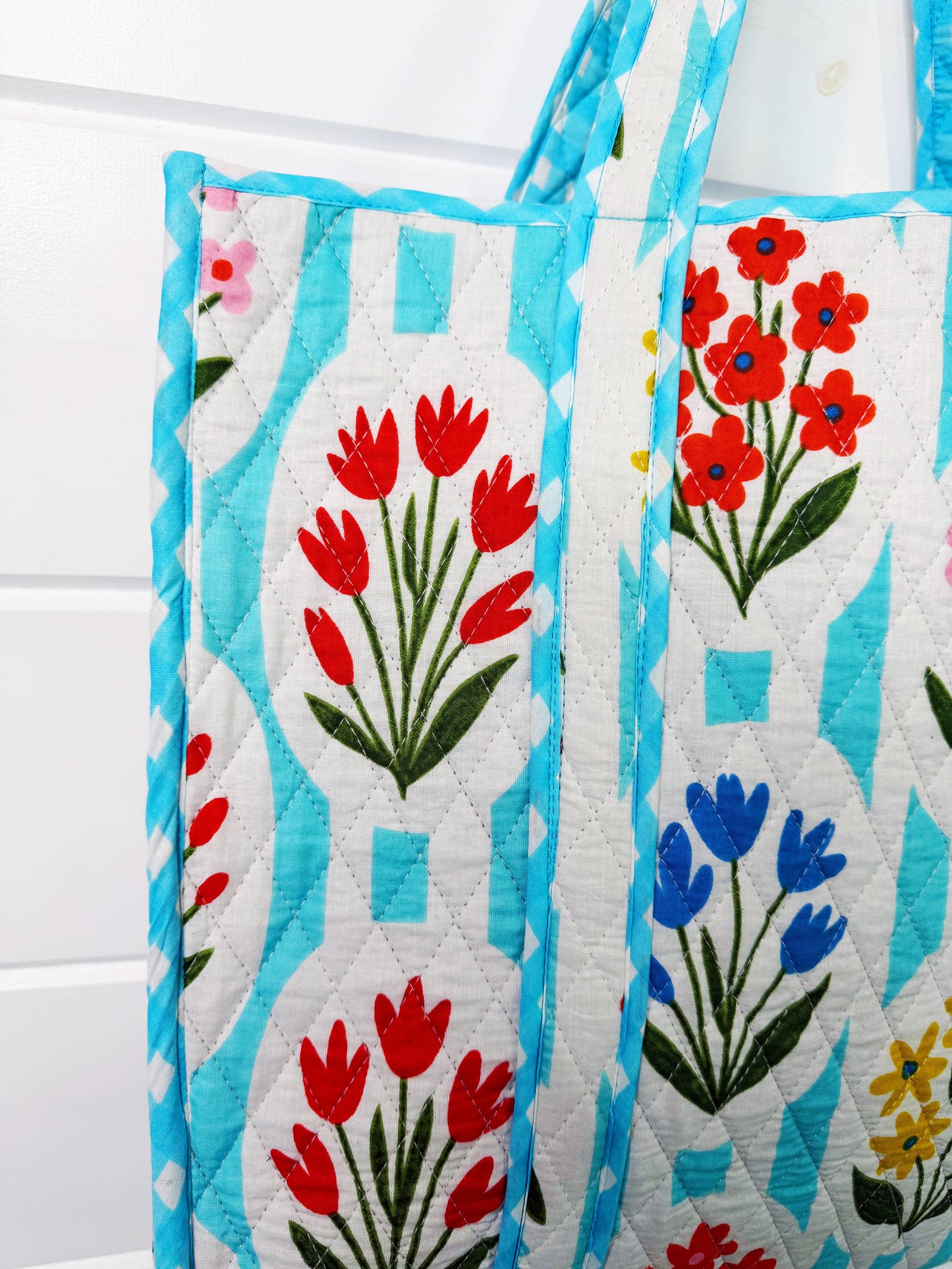 Tote Bags Quilted | Large Travel Tote | Aqua Garden Party
