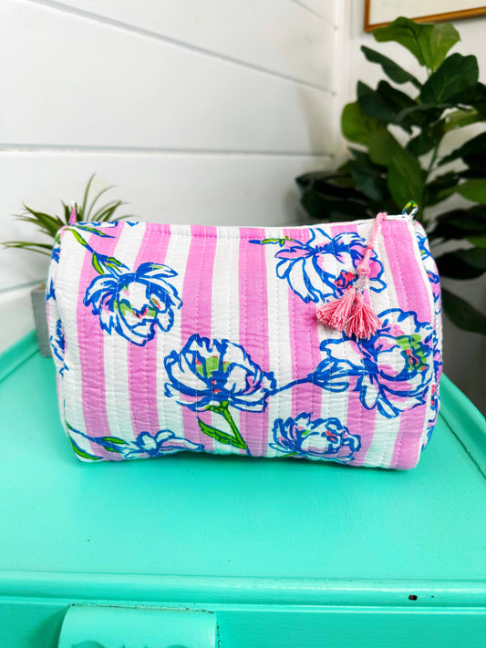 Peony Pink Stripe- Makeup Bag