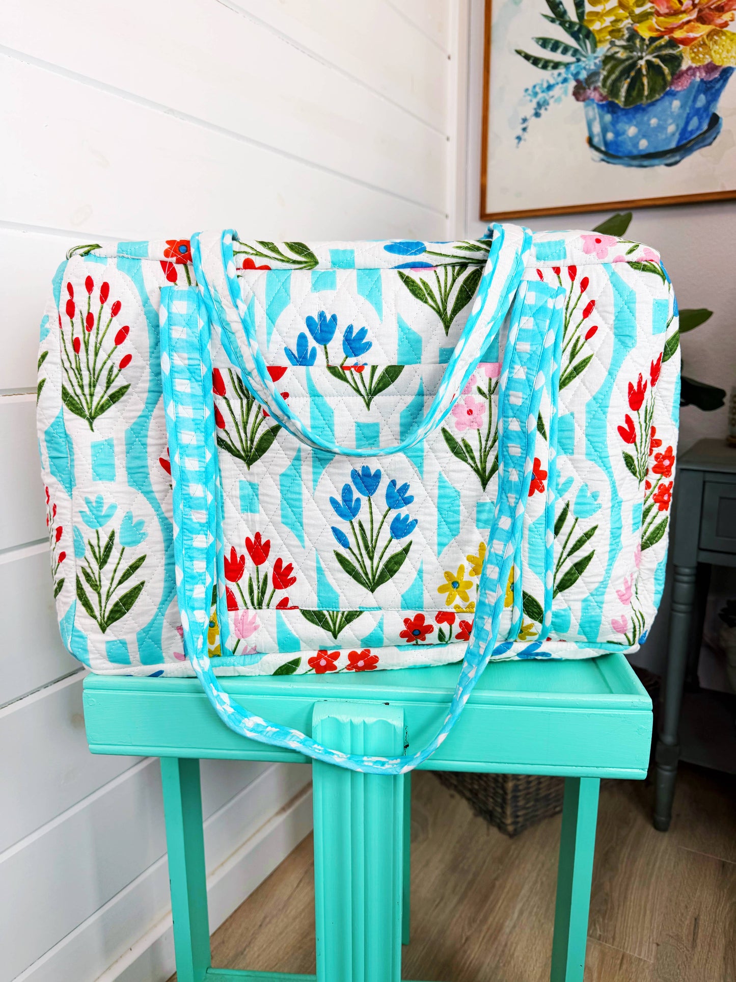 Quilted Weekender Duffle Bag | Aqua Garden Party