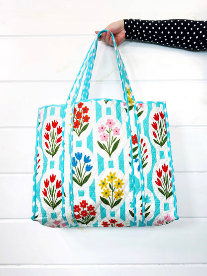 Tote Bags Quilted | Large Travel Tote | Aqua Garden Party