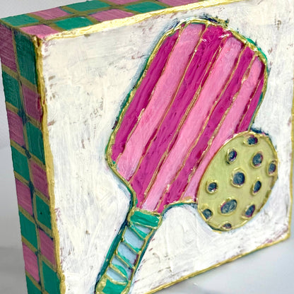 Pickleball Paddle and Ball Hand-painted Wood Block Art