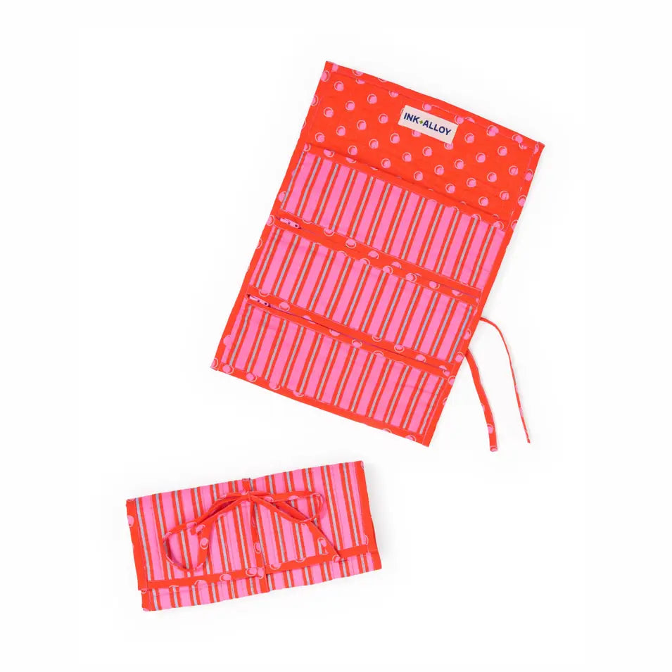 Maddie Jewelry Roll Hot Pink + Orange Stripes with Dot Trim + Lining