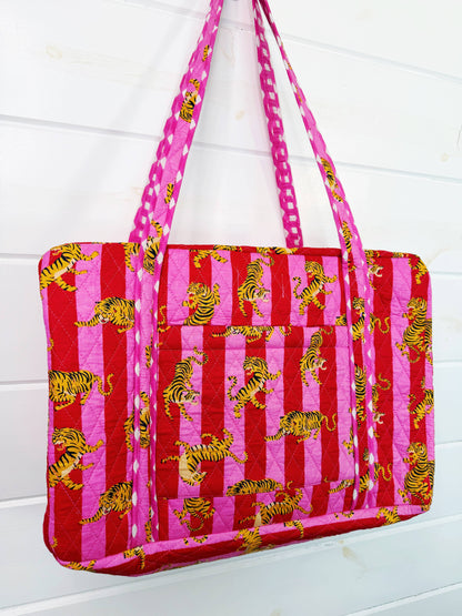Handmade Quilted Weekender Duffle Bag - Pink Red Tiger Print