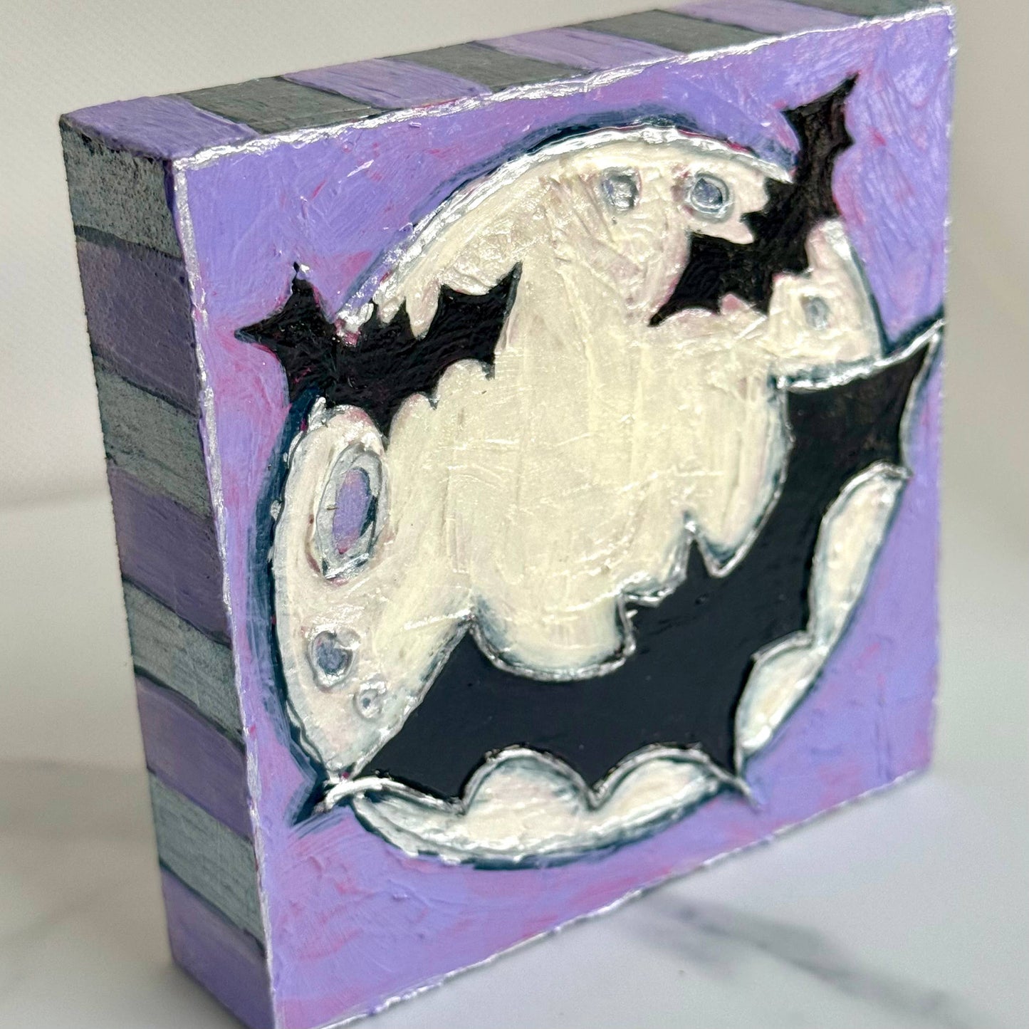 Halloween Bats and Moon Textured Handpainted Wood Block Art