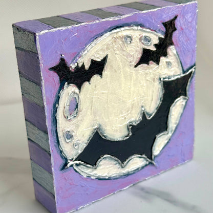 Halloween Bats and Moon Textured Handpainted Wood Block Art
