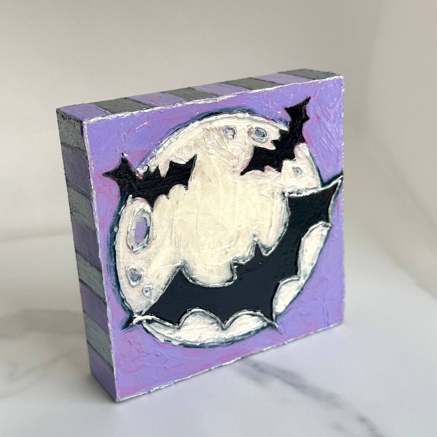Halloween Bats and Moon Textured Handpainted Wood Block Art