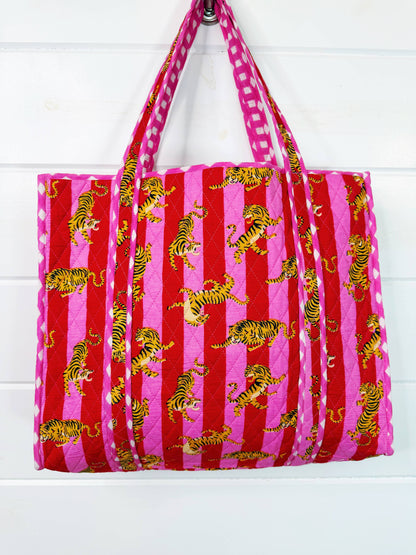 Tote Bags Quilted | Large Travel Tote | Pink Red Tiger Print
