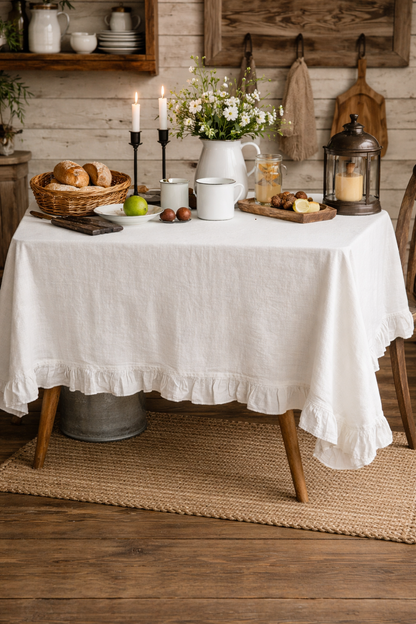 White French Ruffled Cotton Tablecloth