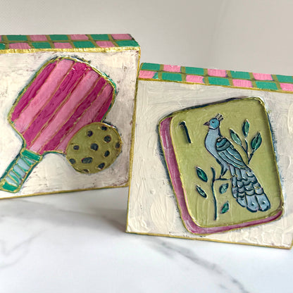 Mahjong Bird Bam Tile Textured Handpainted Wood Block Art