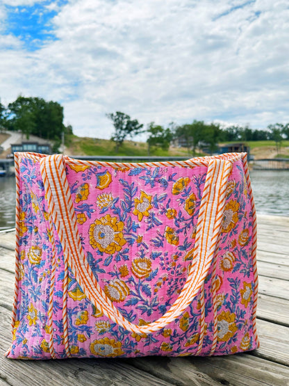 Quilted Pink & Yellow Tote
