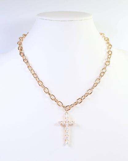 Cara Pearl Cross Link Necklace Gold