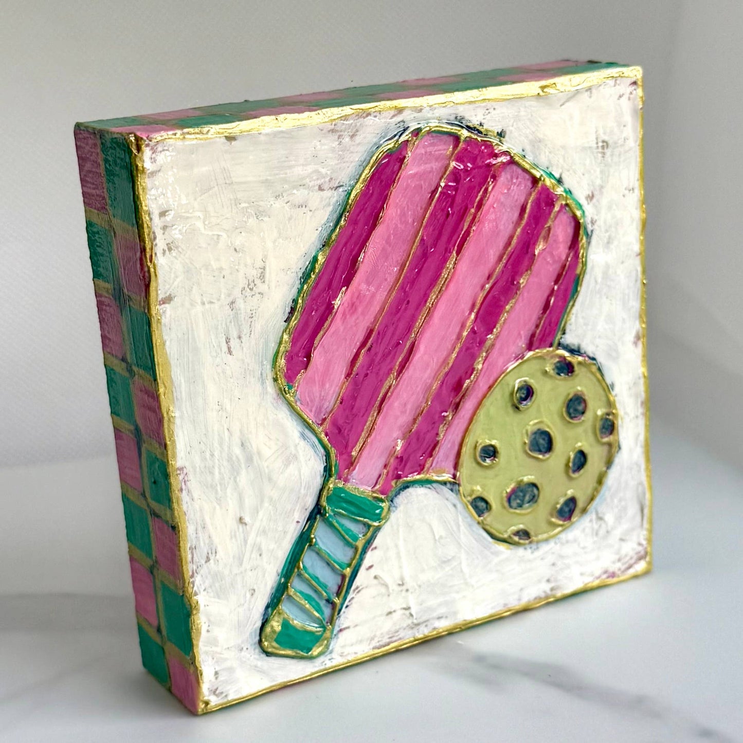 Pickleball Paddle and Ball Hand-painted Wood Block Art