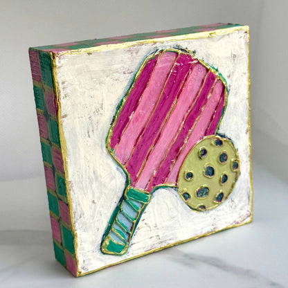 Pickleball Paddle and Ball Hand-painted Wood Block Art