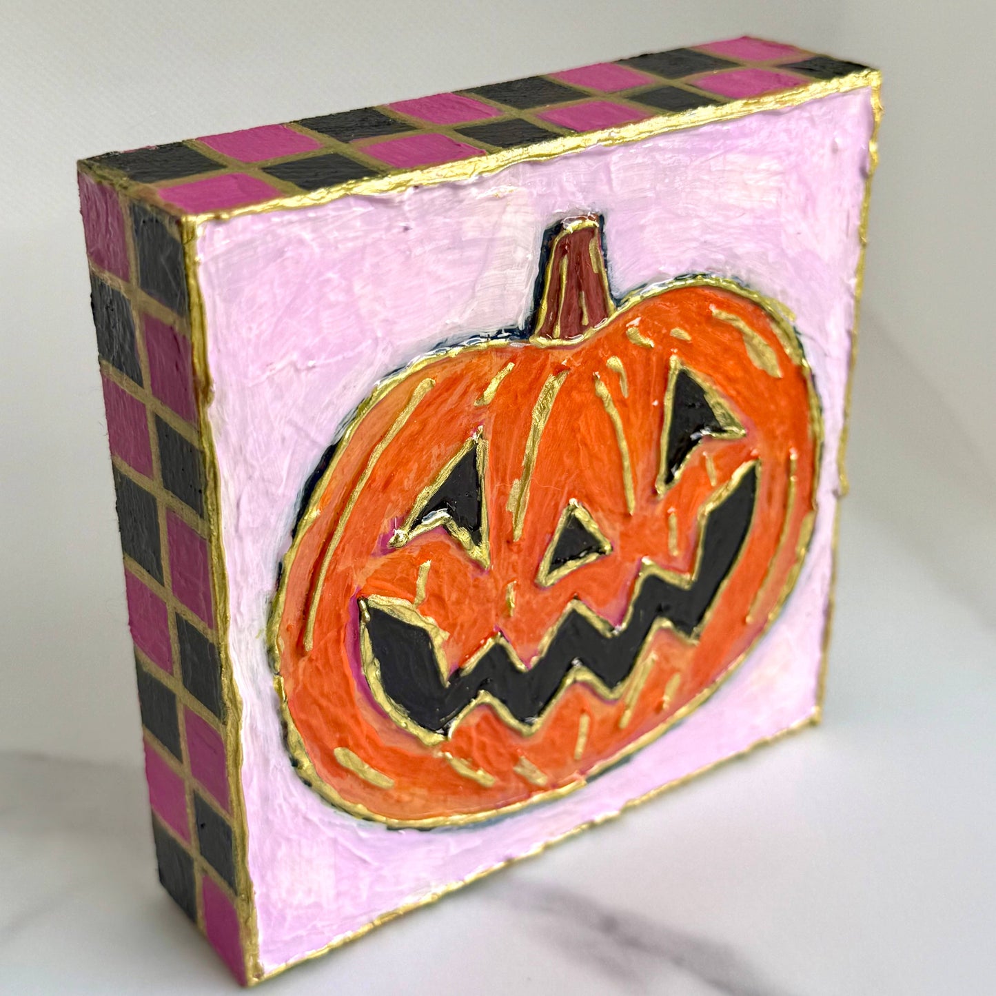Halloween Jack o Lantern Pumpkin Textured Handpainted Wood B