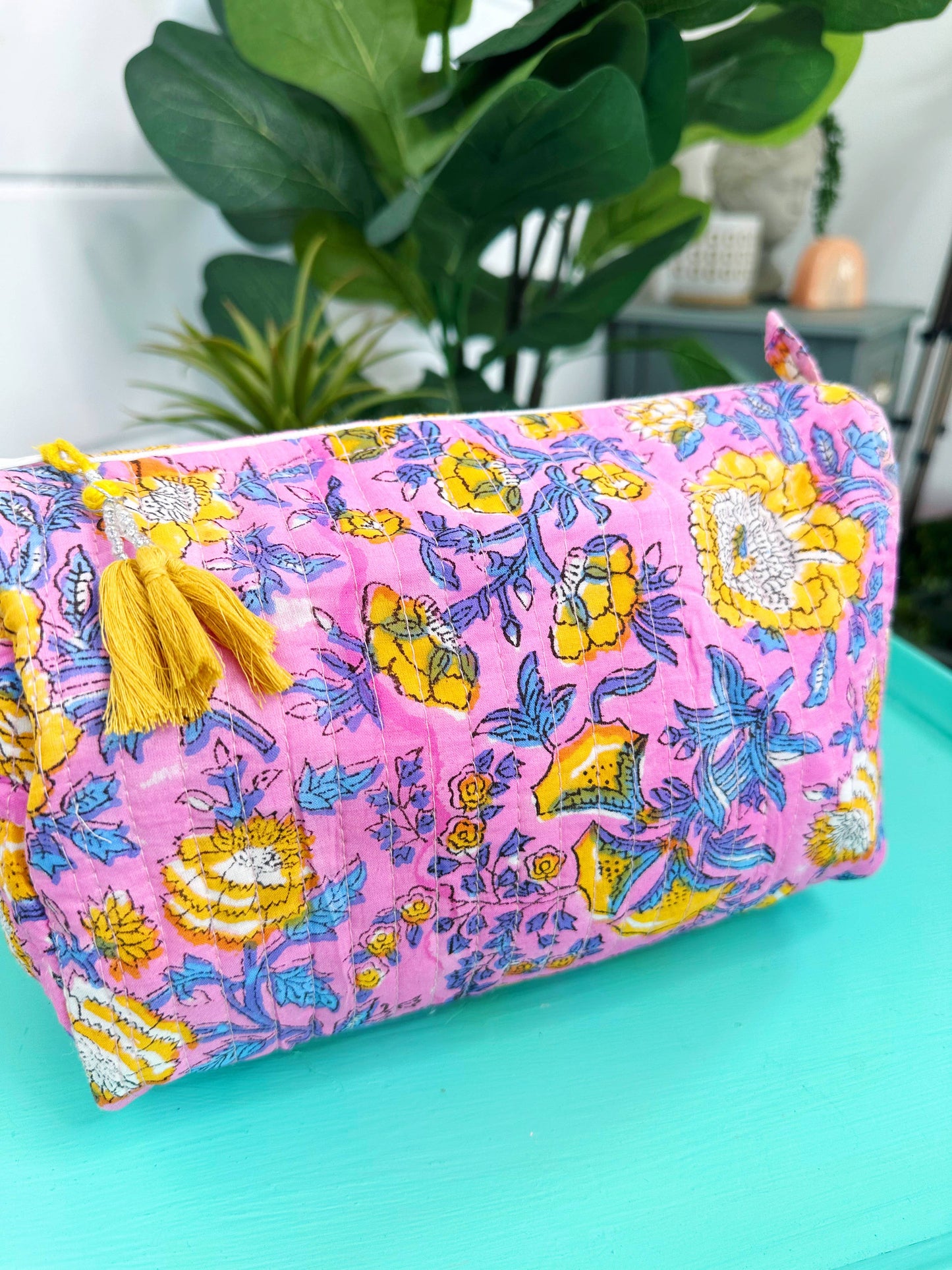 Quilted Pink & Yellow Makeup Bag