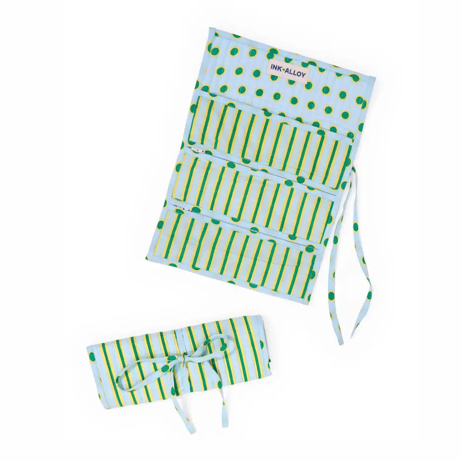 Maddie Jewelry Roll Light Blue + Citron Stripes with Dot Trim + Lining