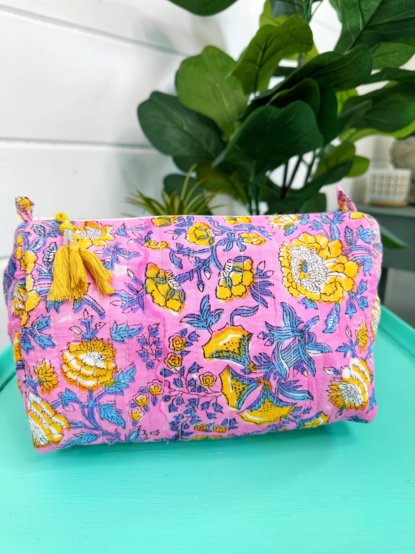 Quilted Pink & Yellow Makeup Bag