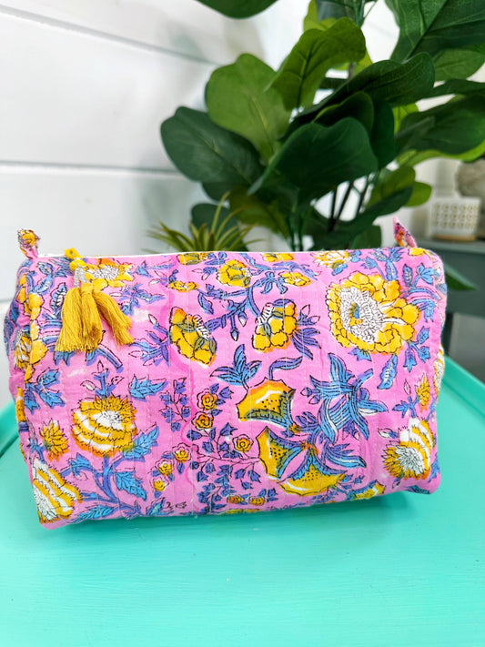 Quilted Pink & Yellow Makeup Bag