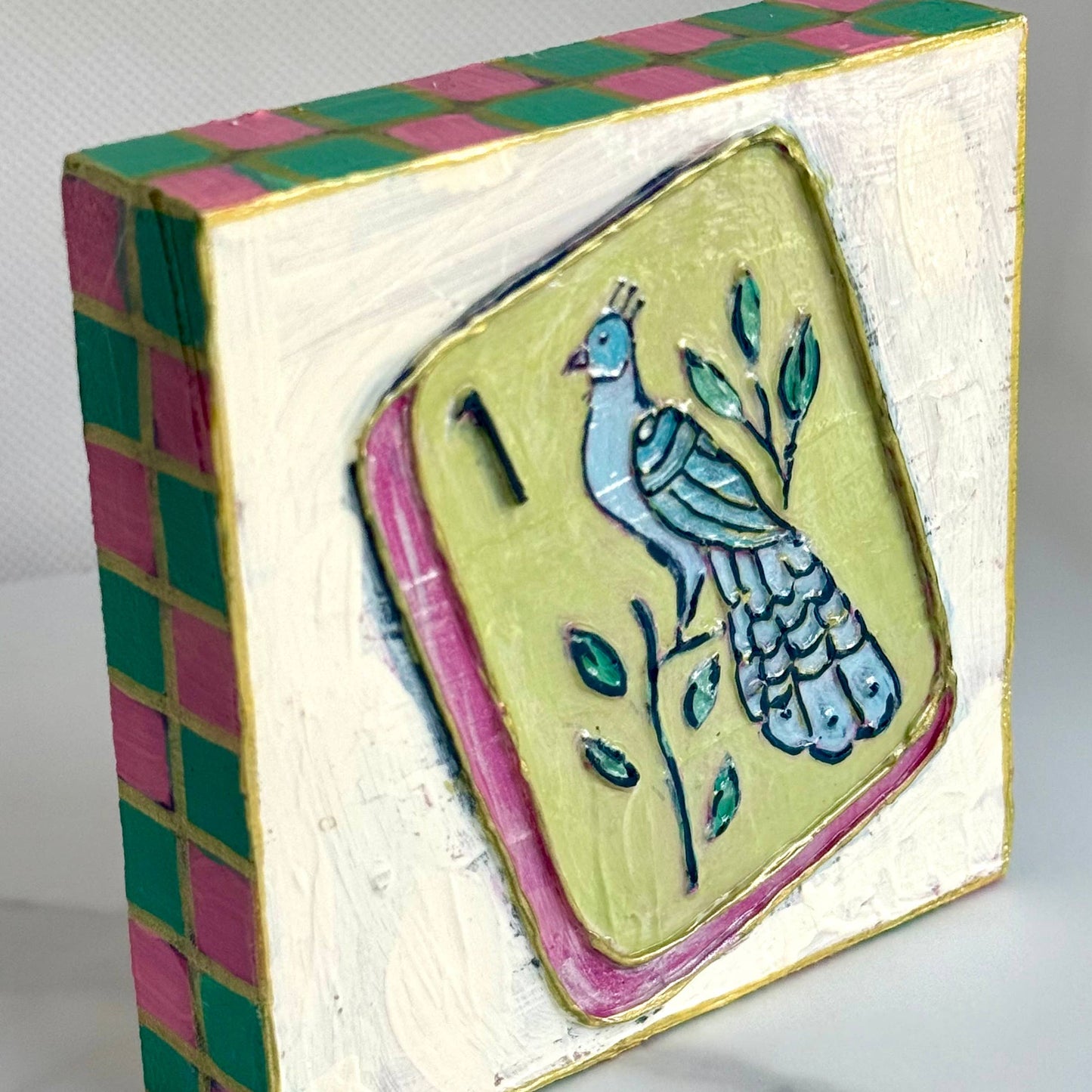 Mahjong Bird Bam Tile Textured Handpainted Wood Block Art