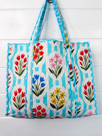 Tote Bags Quilted | Large Travel Tote | Aqua Garden Party