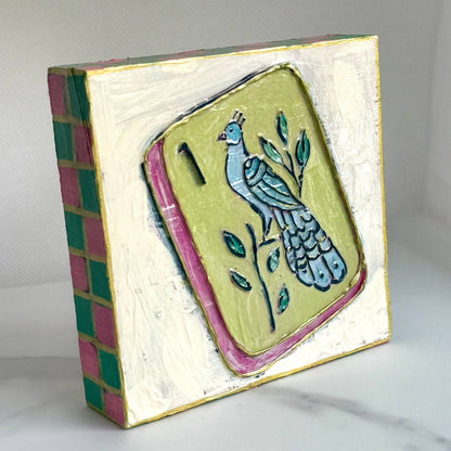 Mahjong Bird Bam Tile Textured Handpainted Wood Block Art