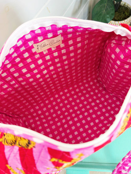 Handmade Quilted Weekender Duffle Bag - Pink Red Tiger Print