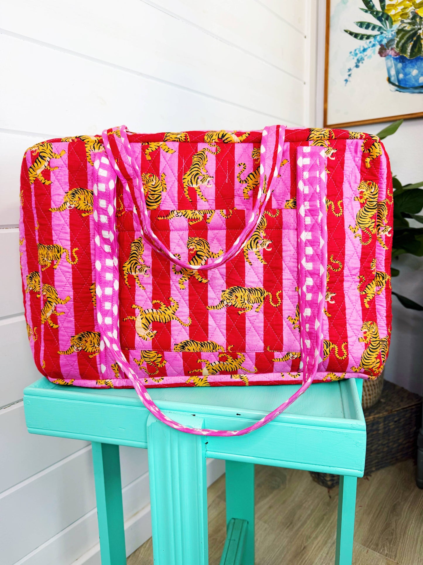 Handmade Quilted Weekender Duffle Bag - Pink Red Tiger Print