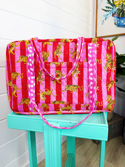 Handmade Quilted Weekender Duffle Bag - Pink Red Tiger Print