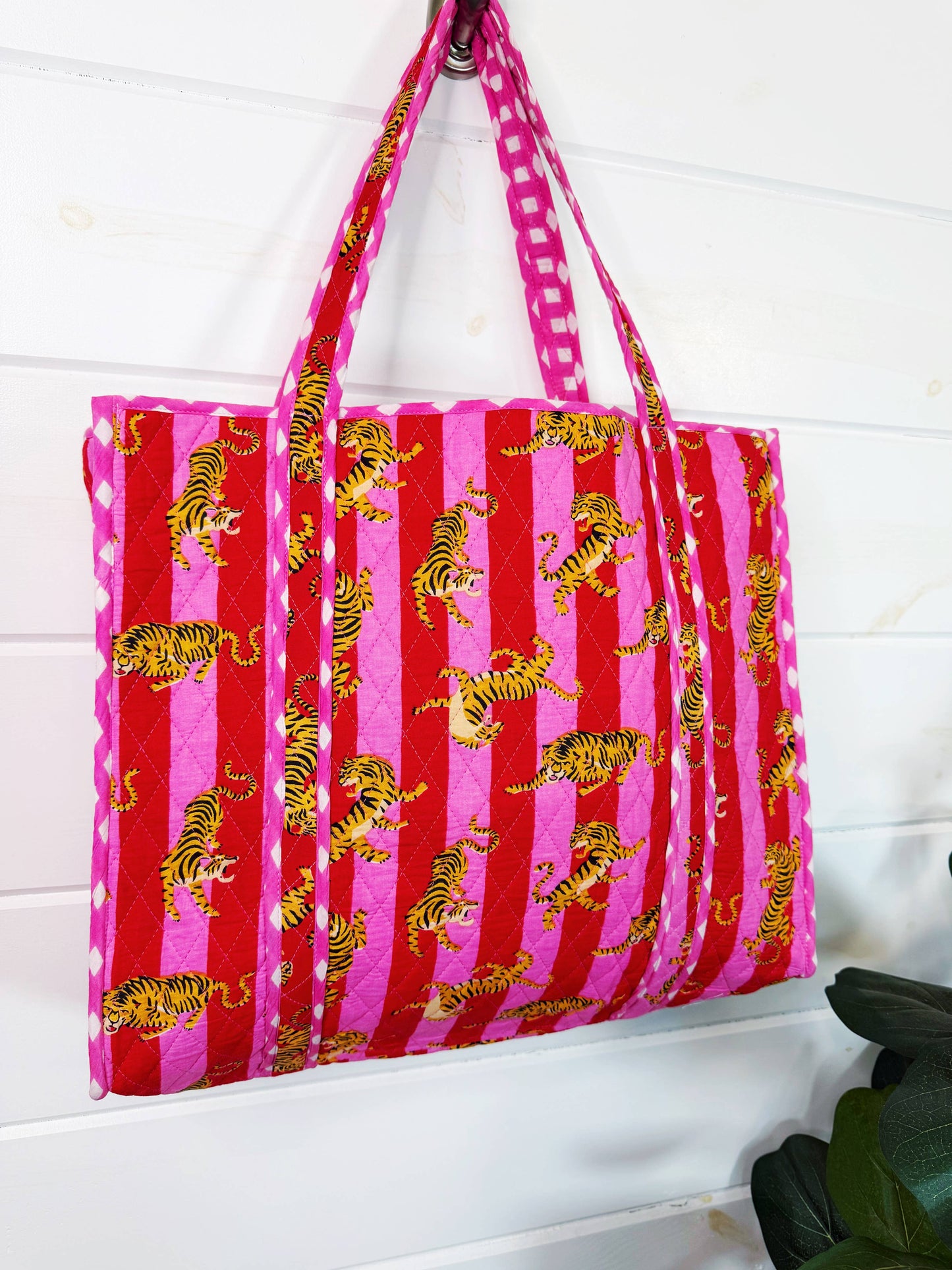 Tote Bags Quilted | Large Travel Tote | Pink Red Tiger Print
