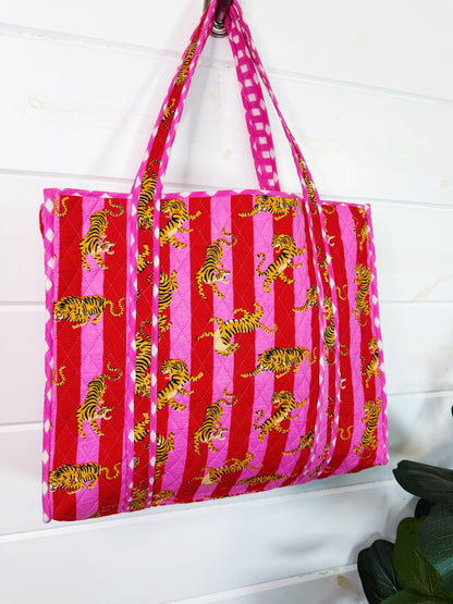 Tote Bags Quilted | Large Travel Tote | Pink Red Tiger Print