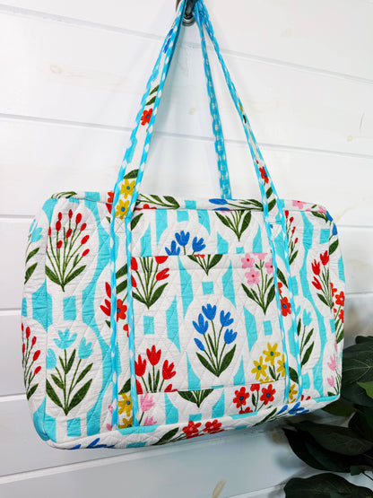 Quilted Weekender Duffle Bag | Aqua Garden Party