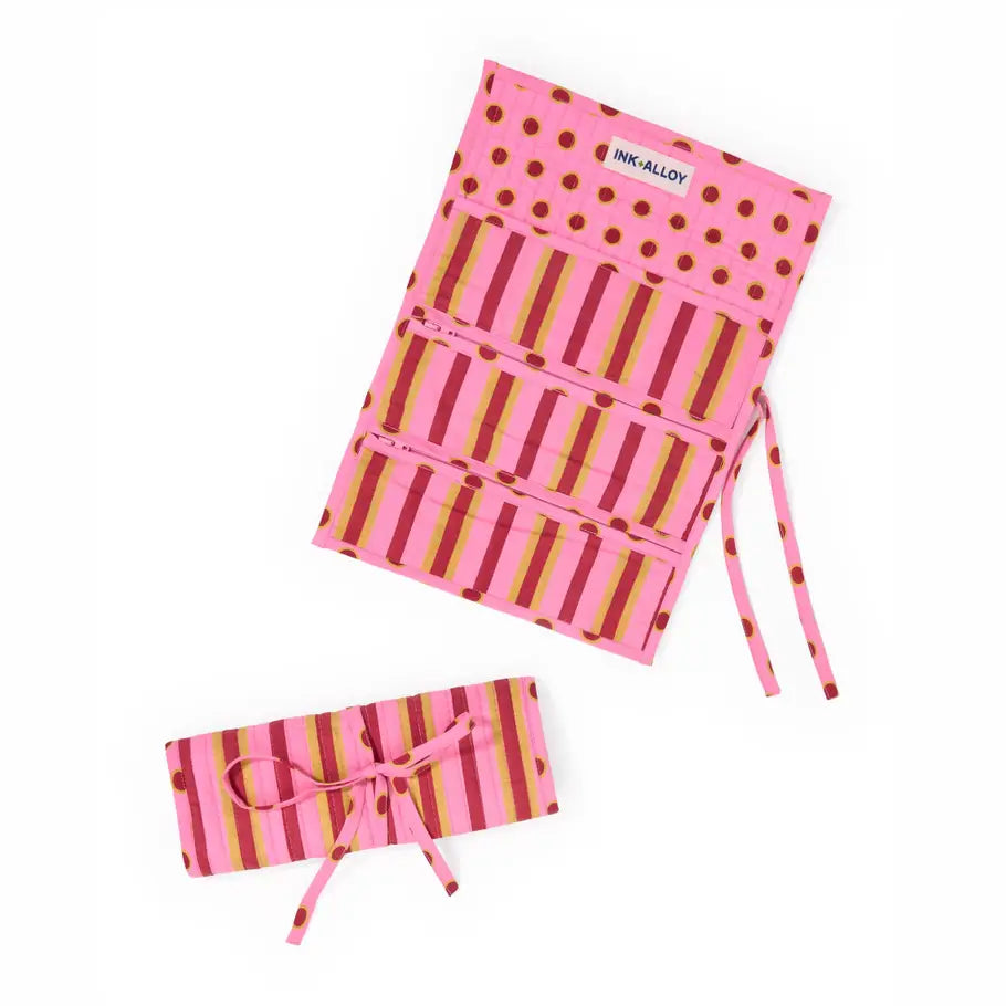 Maddie Jewelry Roll Camel + Pink Stripes with Dot Trim + Lining