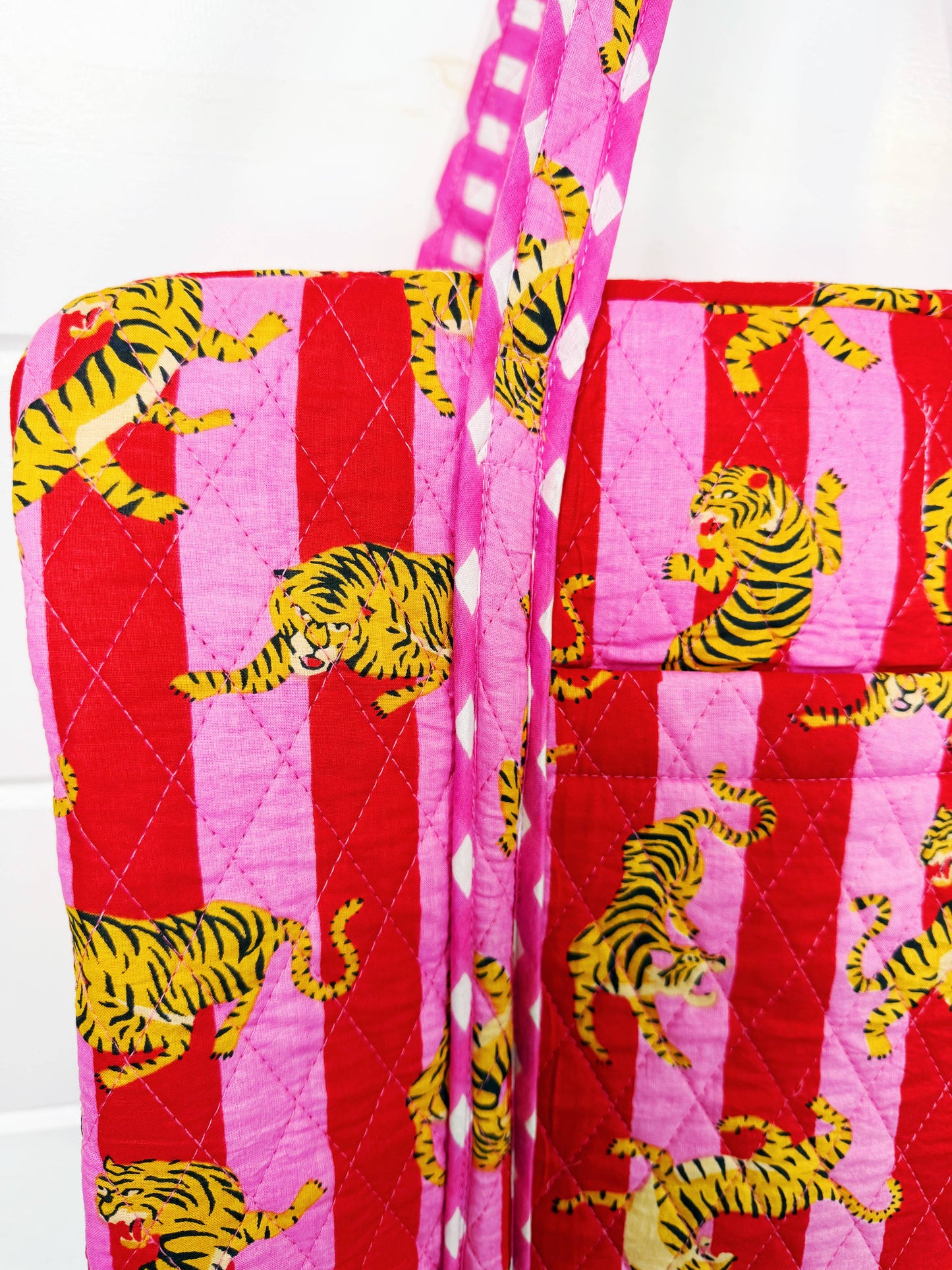 Handmade Quilted Weekender Duffle Bag - Pink Red Tiger Print