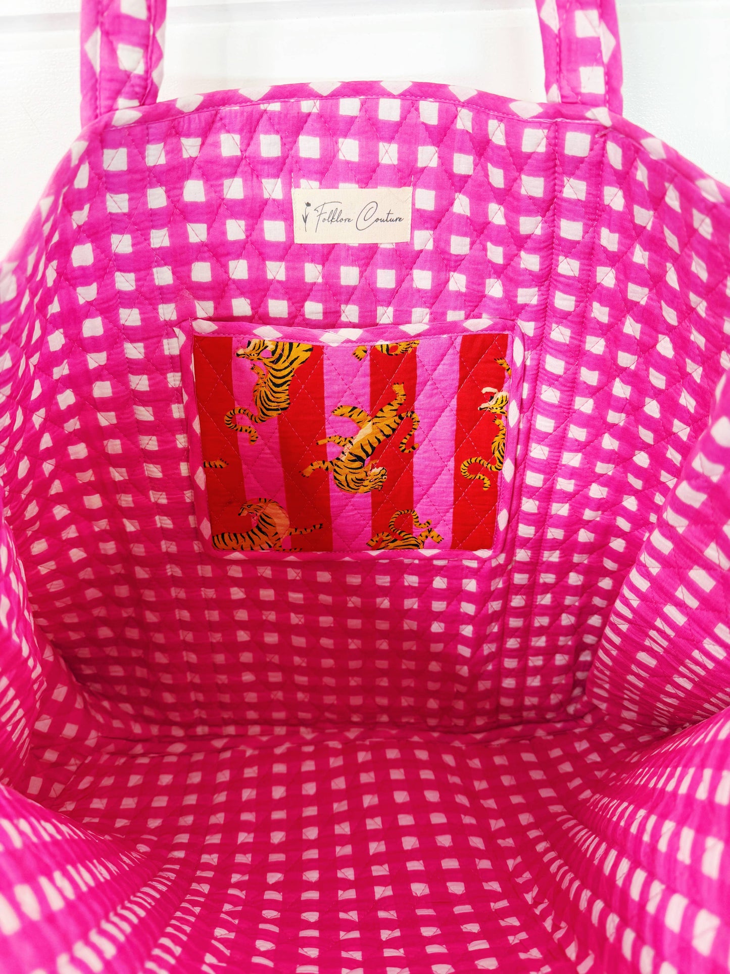 Tote Bags Quilted | Large Travel Tote | Pink Red Tiger Print