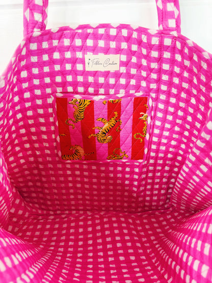 Tote Bags Quilted | Large Travel Tote | Pink Red Tiger Print