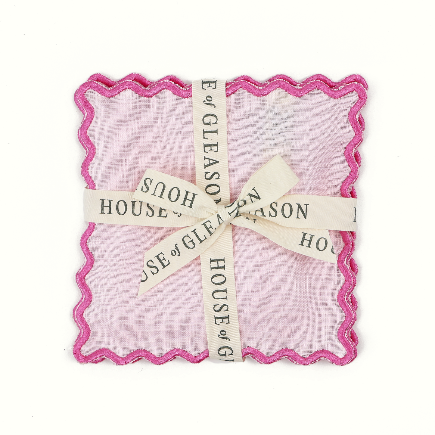 Scalloped Pink Linen Cocktail Napkins - Set of 4