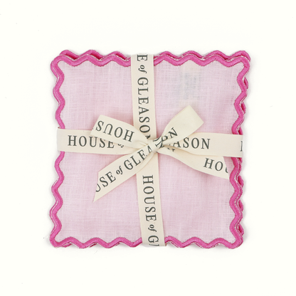 Scalloped Pink Linen Cocktail Napkins - Set of 4