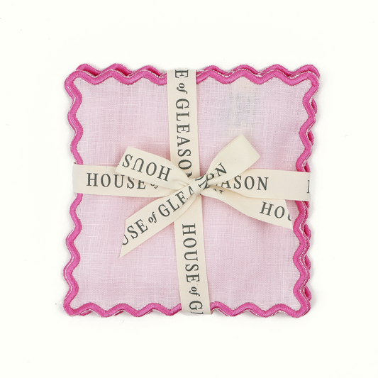 Scalloped Pink Linen Cocktail Napkins - Set of 4