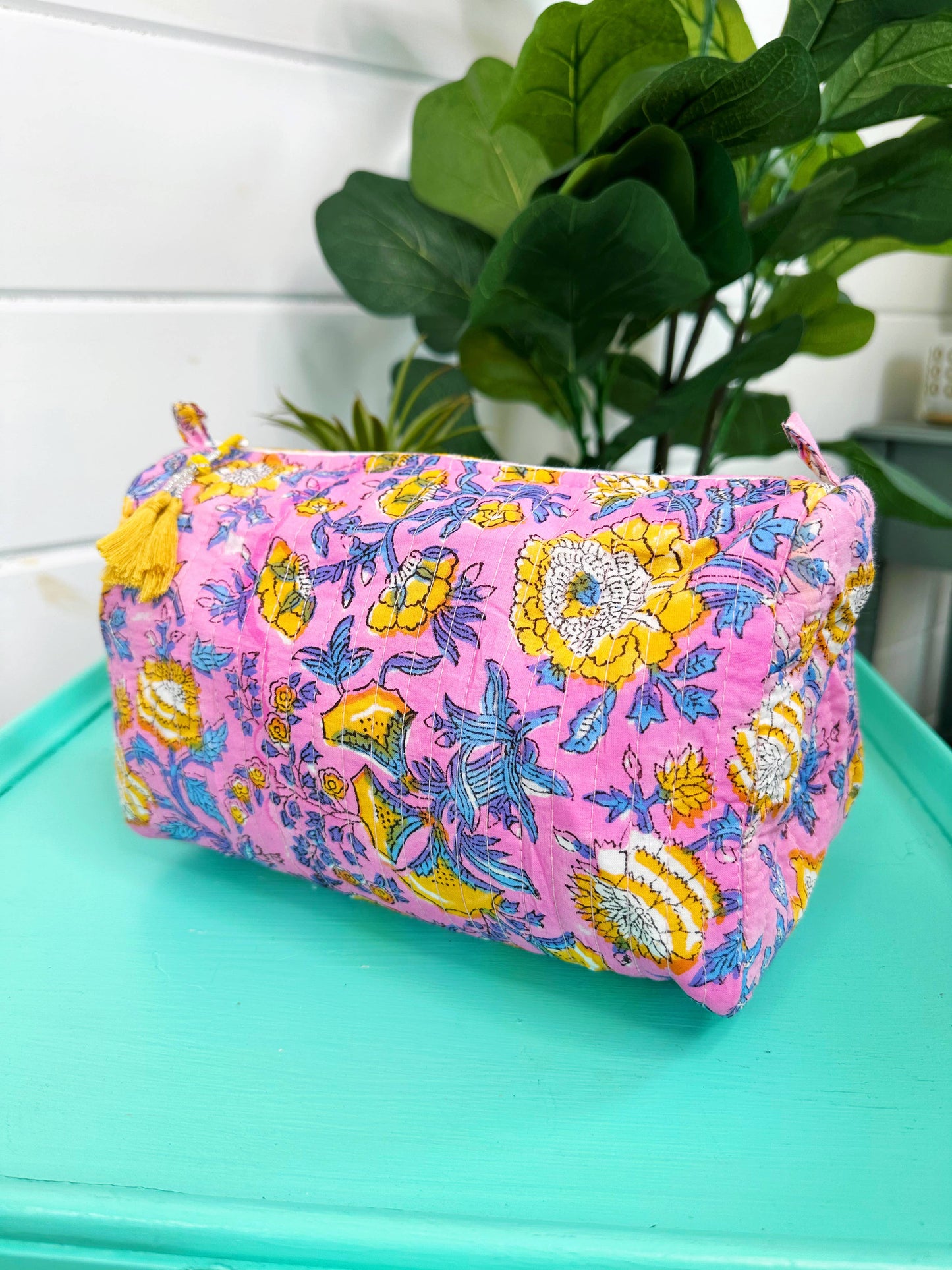 Quilted Pink & Yellow Makeup Bag
