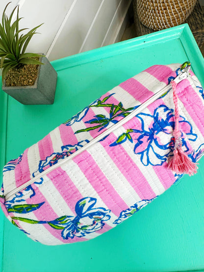 Peony Pink Stripe- Makeup Bag
