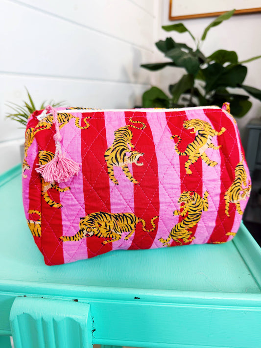Quilted Makeup Bags | Cosmetics Bag | Pink Red Tiger Print