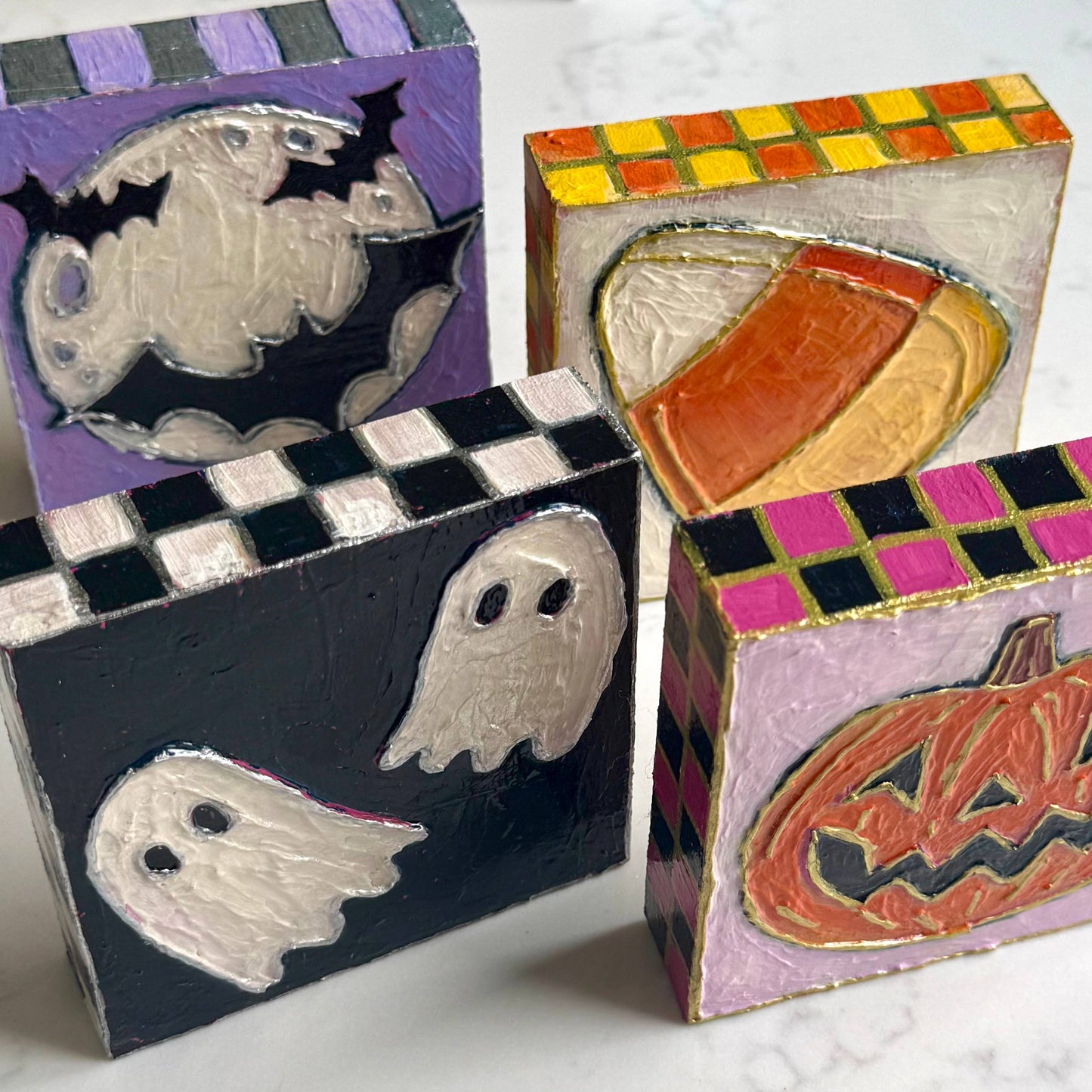 Halloween Jack o Lantern Pumpkin Textured Handpainted Wood B